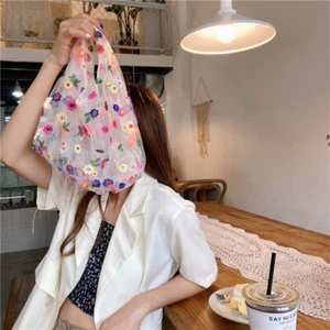 Silk Flowers Embroidery Handbag Little Fresh Mesh Shopping Bag - Picture 1 of 17