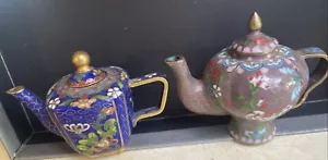 Paar Miniatur chinesische blau/lila Emaille Messing Teekanne Floral Cloisonné - Bild 1 von 12