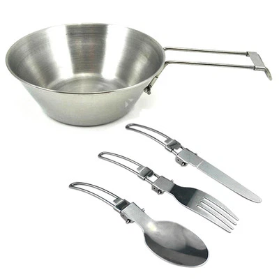 4pcs Portable Folding Steel Bowl Fork Knife Spoon Outdoor Camping Tableware Set - Image 1 of 4