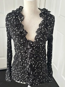 Sunny Leigh Petites Womens Crinkle Semi Sheer Blouse Black White Stars Size PL - Picture 1 of 18
