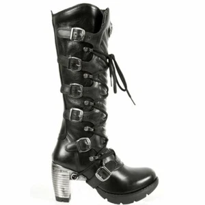 New Rock TR004-S1 Boots Ladies Black Leather Boots Buckle Lace Knee High Biker - Picture 1 of 9