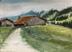 ACEO Original Painting Signed Landscape Art Card House and barn On Hill - Picture 1 of 3