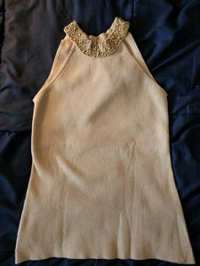 TRACY M TAN STRETCHY RIBBED COTTON KNIT BEADED HALTER TOP LARGE - Picture 1 of 6