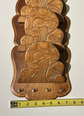 Vintage Wood Mushroom Wall Hanging Letter Mail/Key Holder Hooks 70s Boho MCM - Image 1 of 4