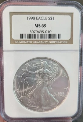 1998 $1 American Silver Eagle NGC MS69 Graded 1oz .999 Fine US Coin - Image 1 of 4