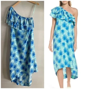 Vineyard Vines blue palm leaf turquoise one shoulder ruffle midi dress beach - Picture 1 of 8