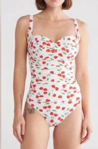 BETSEY Johnson one piece BANDEAU SWIMSUIT XO BETSEY CHERRY BOMB PRINT Size L - Picture 1 of 7