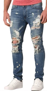 NEW RUSTIC DIME INDIGO BIKER TAPER MOTO STRETCH DESTRUCTED JEANS SIZE 34 BUCKLE - Picture 1 of 4