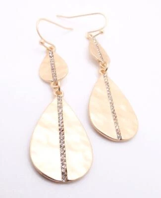 EXQUISITE Double Mat Gold Textured Crystals Encrusted Teardrops 2.25" Earrings - Image 1 of 4