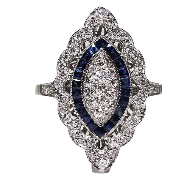 Art Deco Halo Style Women's Wedding Ring With 1.25CT Simulated Shiny Sapphire - Image 1 of 4