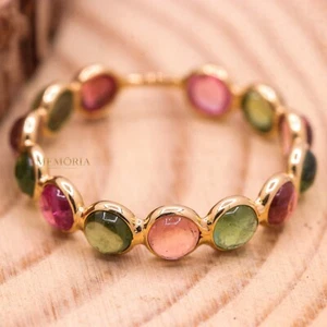 Rainbow Tourmaline Gemstone Eternity Band 18k Yellow Gold Minimalist Ring - Picture 1 of 8