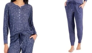 Neu mit Etikett Alfani Damen Langarm Hacci Henley Pyjama Jogginghose Lounge Set blau Sterne - Bild 1 von 15