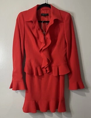 Conjunto de Traje Falda ESCADA Talla 36 Rojo Volantes 100% Lana Carrera Diseñador de Negocios Foto 1 de 4