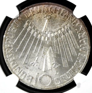Germany 10 Mark 1972 D NGC MS64 UNC Silver Munich Olympics - Picture 1 of 4