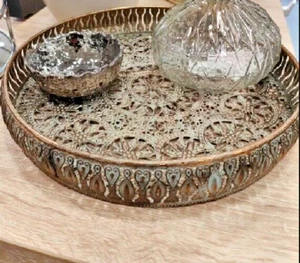 Antique Metal Decorative Tray Moroccan Style Vintage Ornate Vanity Tray 31cm - Picture 1 of 4