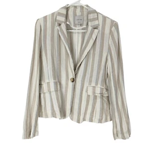 Love Tree Cream/Brown Striped Long Sleeve Collared 1-Button Linen Blazer Sz M - Picture 1 of 5