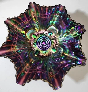 Rollo de vidrio de carnaval amatista púrpura imperial en relieve 9" x 4" cuenco ojo de pavo real - Imagen 1 de 12