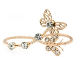 Zarter vergoldeter Kristall Schmetterling Doppelfinger verstellbarer Ring - Bild 1 von 4