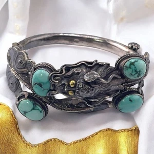 Bracciale argento sterling 925 Kada Dragon Face turchese cerniera vite 41,5 g - Foto 1 di 23