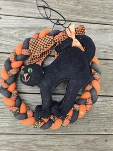 Vintage Halloween Stoff Kranz schwarze Katze Kürbis Jack-O-Laterne 13" Wand... - Bild 1 von 13