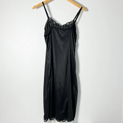 Vintage Wonder Maid Slip Women 34 Black Satin Lace Midi Chemise Non Cling - Image 1 of 4