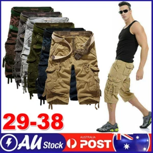 Mens Casual 3/4 Long Length Shorts Elasticated Waist Cotton Cargo Combat Pants - Picture 1 of 18