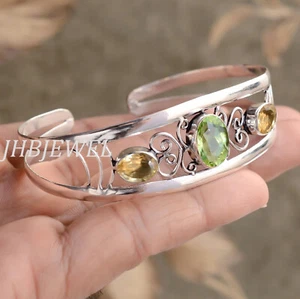 Peridot Cut & Citrine Topaz Gemstone 925 Sterling Silver Creative Bangle Cuff - Picture 1 of 4