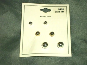 3 Pairs Women's Pierced Ball Earrings Silver and Gold Tone Metals 3 Sizes New - Picture 1 of 3