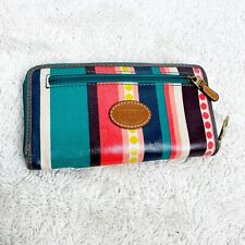 Fossil Keyper Zip Around Wallet Multi Color Stripes Dots Clutch Coated Canvas