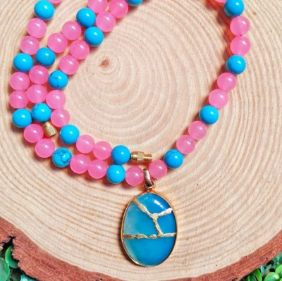 Blauer Opal Anhänger Perlenkette Rosenquarz & Türkis Edelstein Schmuck - Bild 1 von 4