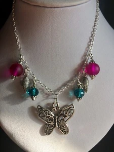 Butterfly Necklace With Frosted Glass ,Crystal Beads And Tibetan Silver Charms - Picture 1 of 4