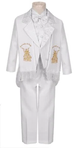 Boys Baptism Tuxedo suit white 6pc with Estola Gold Angel Embroidery Paisley - Picture 1 of 2