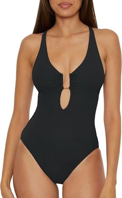 Traje de baño de una pieza Becca Rebecca Virtue U-Wire acanalado borde moderno, negro, S, L Foto 1 de 4