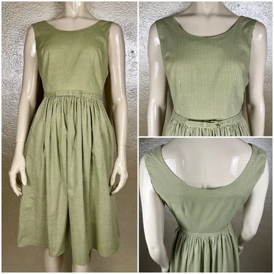 Vintage 1950s Ladies Handmade Green Gingham Cotton Dress Matching Belt SM - Image 1 of 4