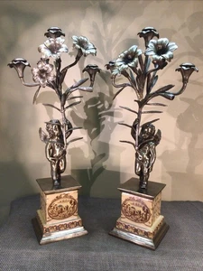 Decorator Rococo Bronze and Porcelain Cherub Flower Candelabras - Pair 20” Tall - Bild 1 von 13