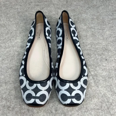 Coach Portia Ballet Flats 7B 7 Black White Op Art Canvas Leather Trim Square Toe - Image 1 of 4