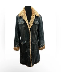 Vintage Wilsons House Of Suede Denim Faux Fur Lined Long Coat - Foto 1 di 9