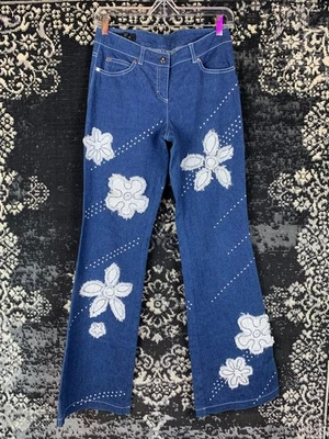 Escada Women's Vintage Y2K Blue Floral Appliqué Flare Jeans - Size S - Image 1 of 4