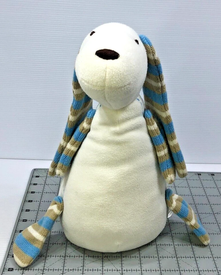 Peluche Pottery Barn Kids PBK Cachorro Perro Blanco Azul Marrón Rayas Tejido Orejas Patas Foto 1 de 4