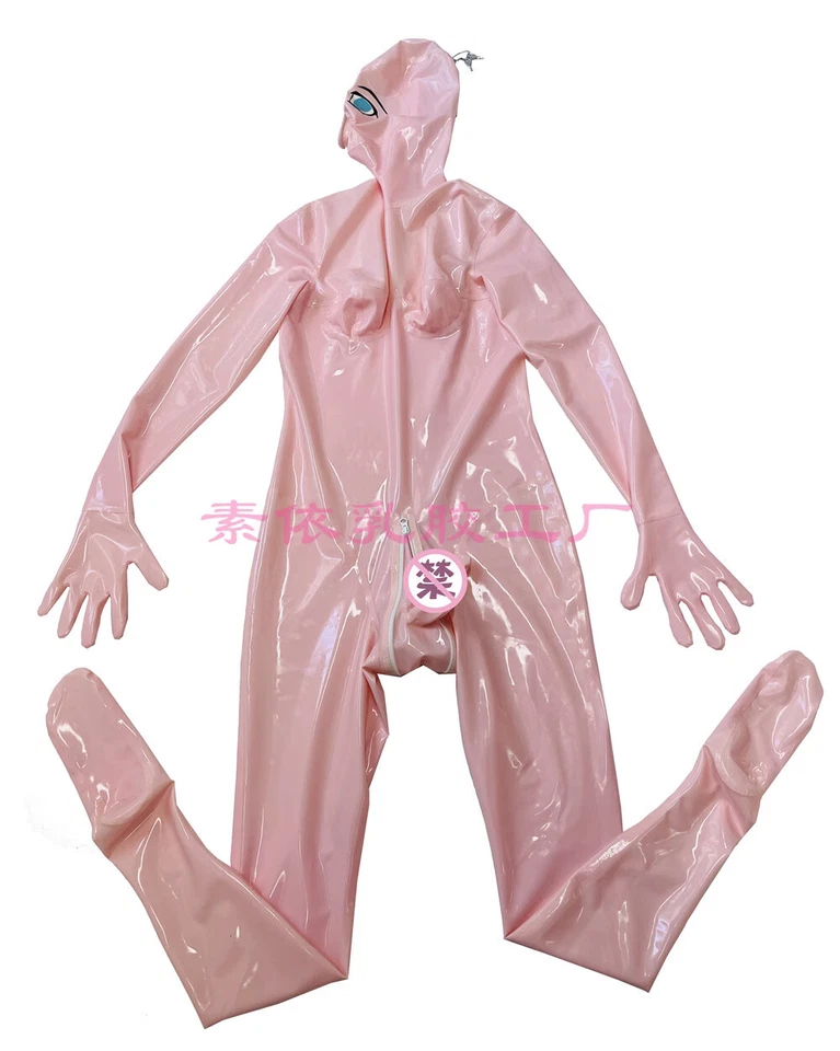 BABY PINK LATEX CATSUIT HANDMADE GLOVES CODPIECE HIDDEN TWO SHEATH - Image 1 of 4