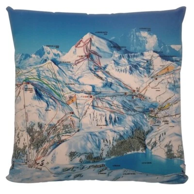 Cushion & Pad French Ski Run Map Design/Ski Lift 22 x22" Soft Faux Suede G.Motte - Image 1 of 2