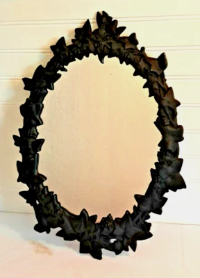 Antique Victorian Style Cast Iron Metal Mirror Hanging Ornate Grape Leaf 12x17"H - Image 1 of 4