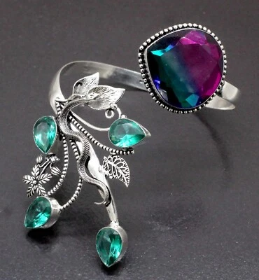 925 Sterling Silver Tourmaline Gem Handmade Jewelry Cuff Bracelet S-ADJ " - Image 1 of 4