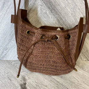 Free People Womens Brown Vegan Leather Slouchy Woven Beach Cabana Crossbody Bag - Picture 1 of 16