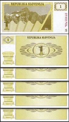 Slovenia  1 Tolar 1990, UNC, 5 Pcs LOT, Consecutive, P-1, Prefix AA, First Issue - Image 1 of 4