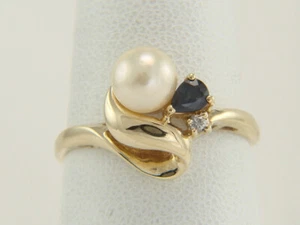14K Yellow Gold Cultured Pearl, Sapphire and Natural Diamond Ring Size 8 - Picture 1 of 12
