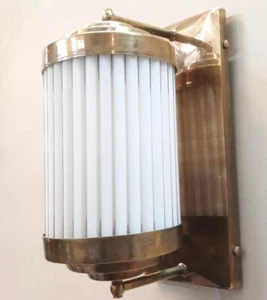 Antique Art Deco Ship Light – Brass Frame & Frosted Milk Glass Wall Sconce - Picture 1 of 4