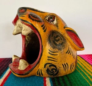 Mexican Folk Art Carved Wood Jaguar Leopard Cat Head Lion Face Mask Guerrero 7" - Picture 1 of 11