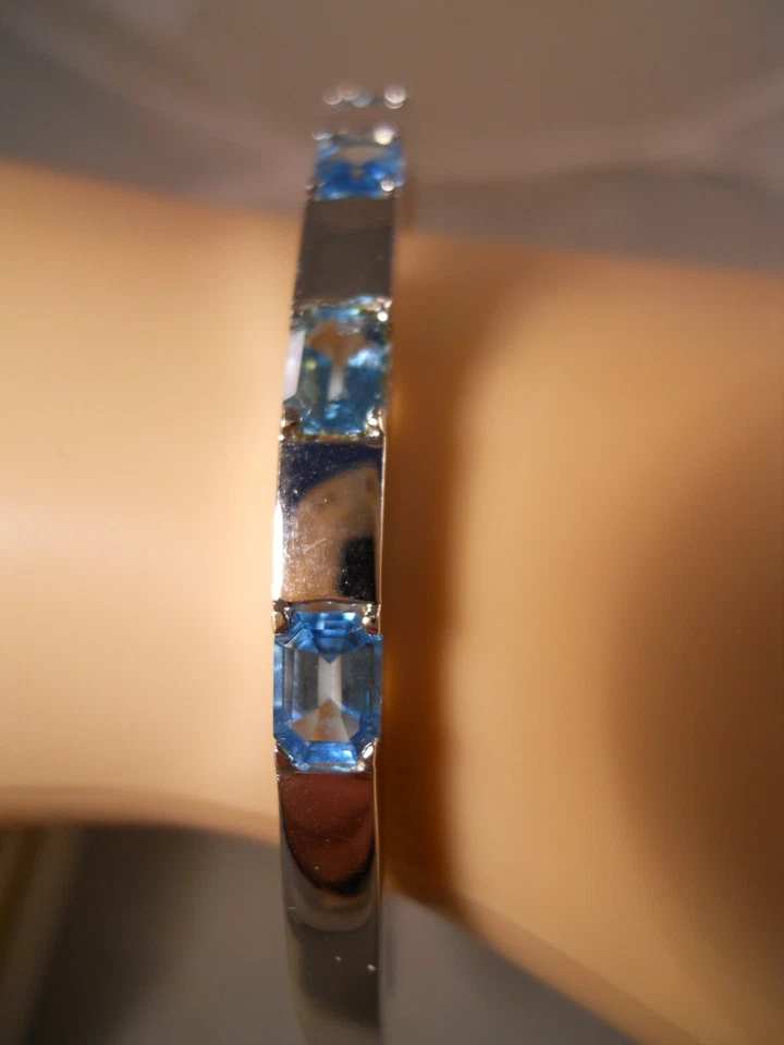 BRAZALETE RIINE ORO BLANCO 14K CORTE ESMERALDA TOPACIO AZUL 6 1/2" 14,26 GRAMOS Foto 1 de 4