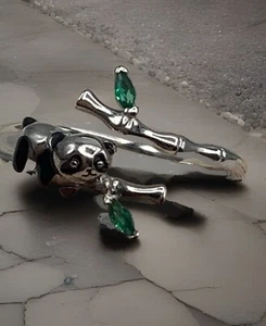 Panda Green Gems Sterling Silver 925 Signed Adjustable Ring  - Picture 1 of 6